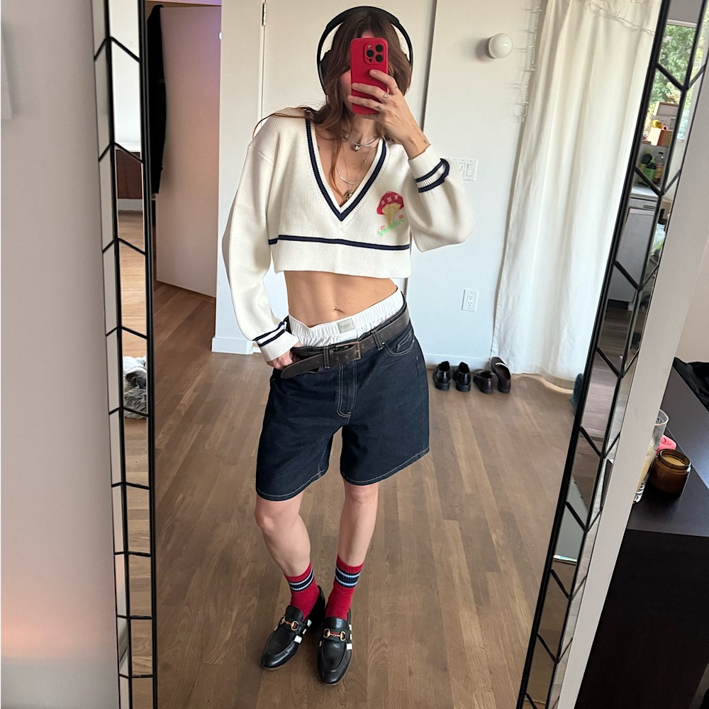 cropped collegiate sweater with mushroom embroidery 🪡 🧵